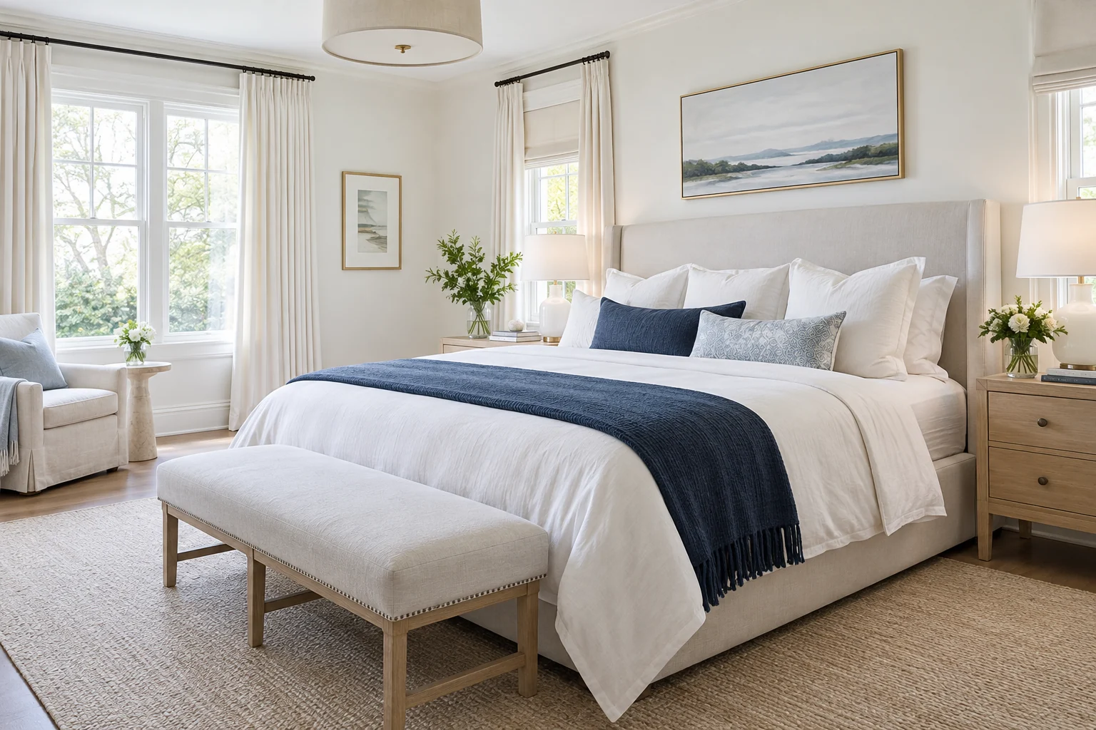 Freshly prepared bedroom with white linen and navy accents