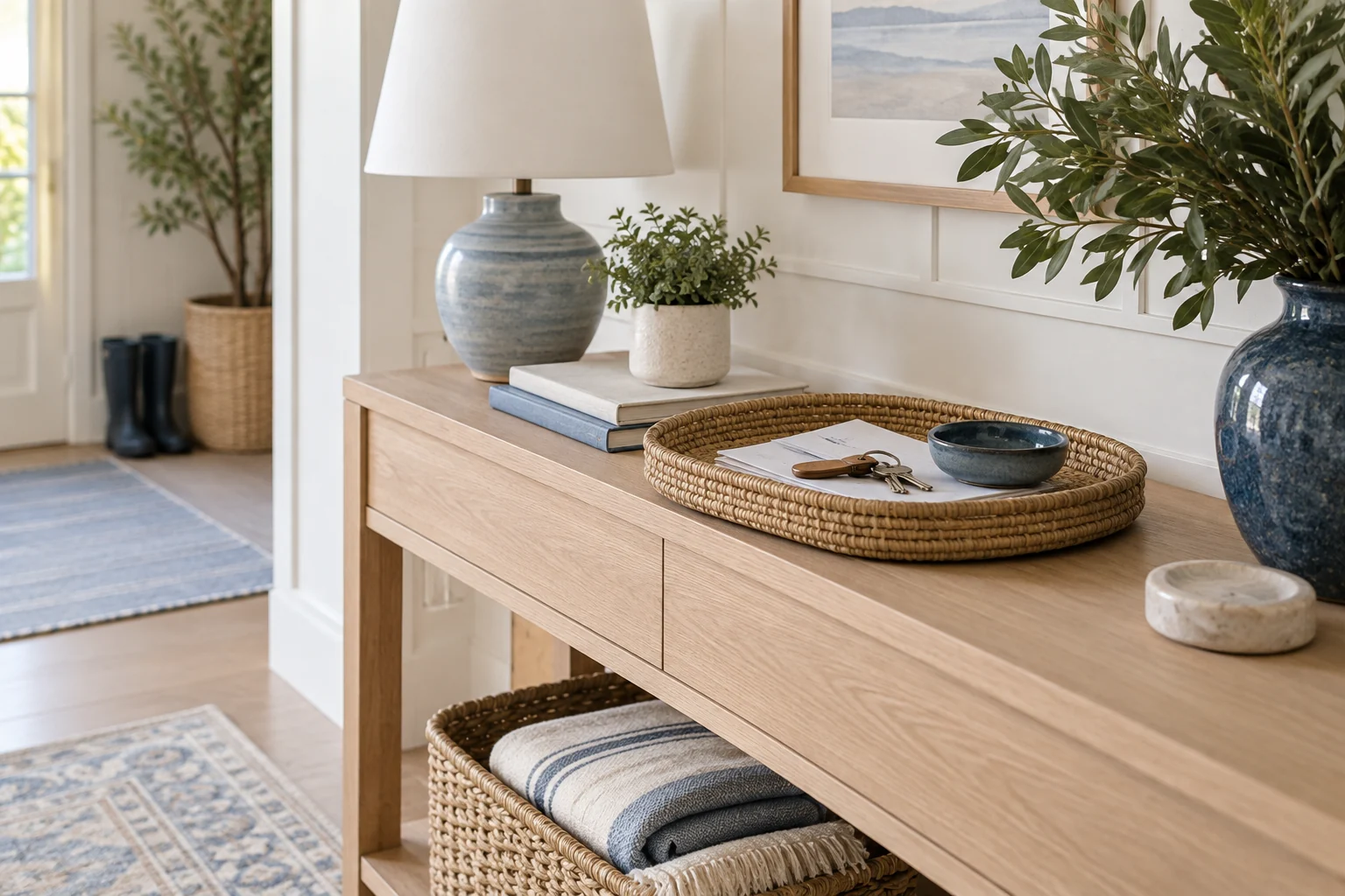 Organized pale oak console with carefully arranged home essentials