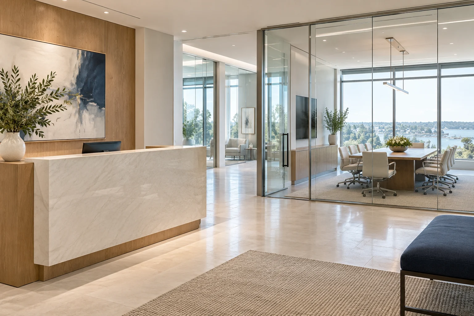 Immaculate boutique office reception and meeting room with warm oak and navy accents