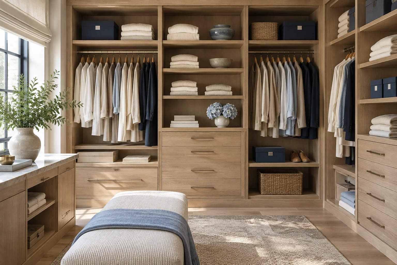 Organized light oak wardrobe with neatly folded linens and navy storage boxes