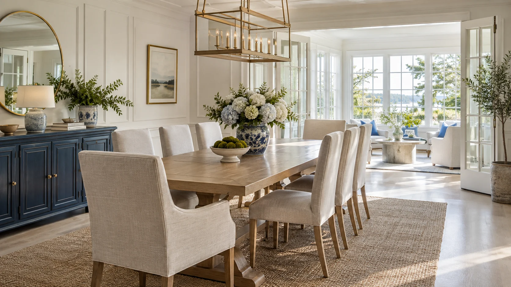 Sunlit dining room with navy accents and a carefully prepared table